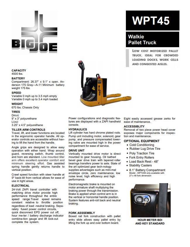 2021 Electric Big Joe WPT45 Pallet Jacks Manual New & Used