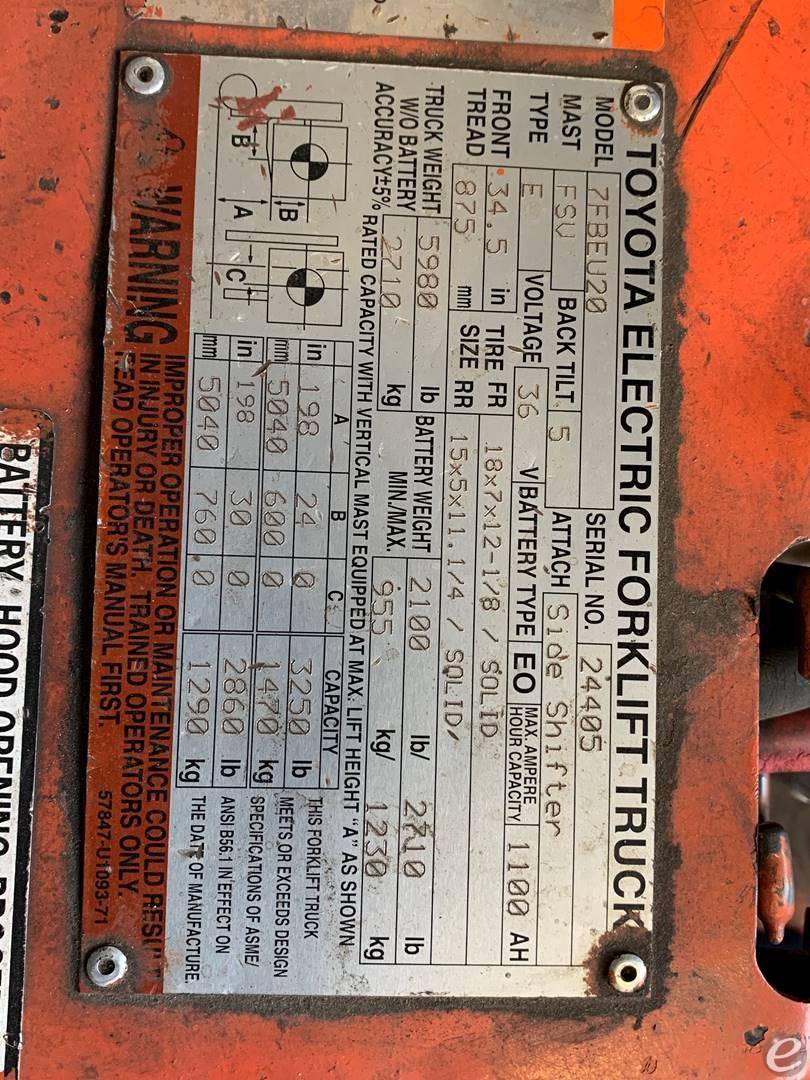 2014 Toyota 7FBEU20 Electric Forklift - 123Forklift