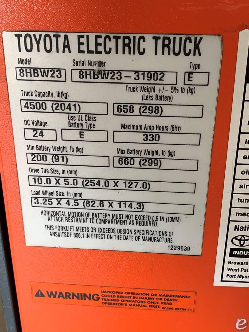 2018 Toyota 8HBW23 Electric Forklift - 123Forklift