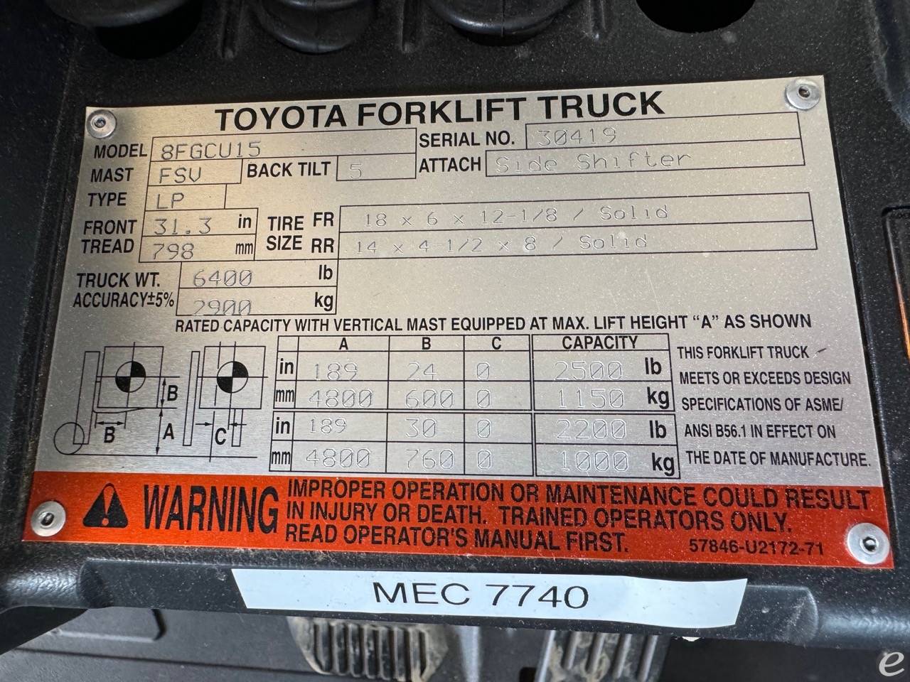 2014 Toyota 8FGCU15 LP Gas Forklift...