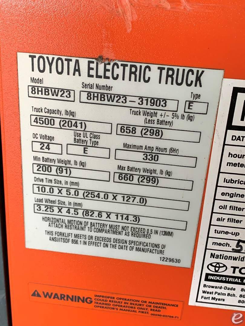 2018 Toyota 8HBW23 Electric Forklift - 123Forklift