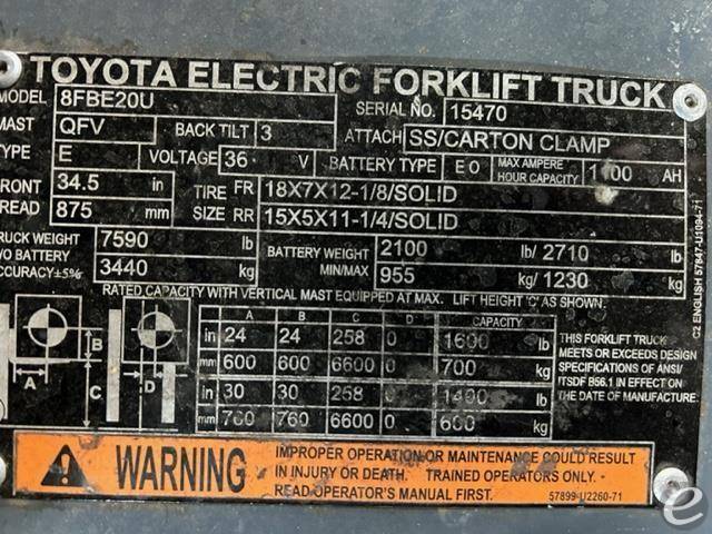 2018 Toyota 8FBE20U Electric 3 Wheel Forklift - 123Forklift