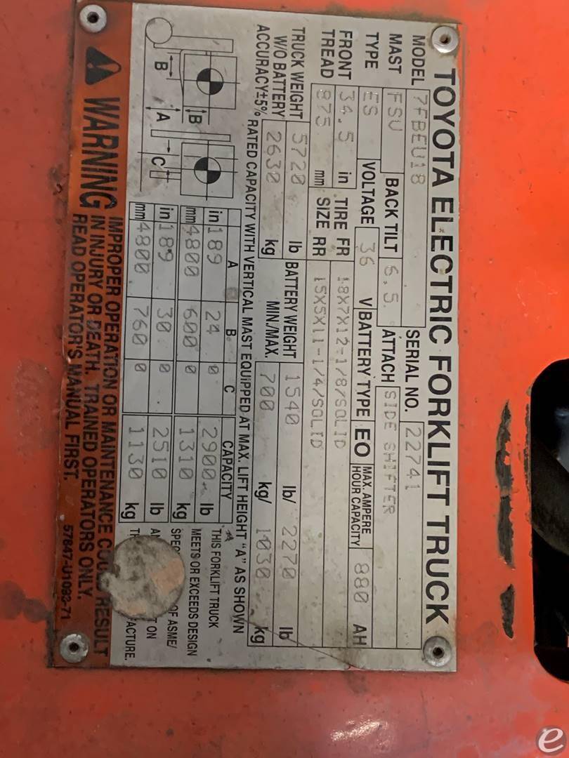 2011 Toyota 7FBEU18 Electric Forklift - 123Forklift