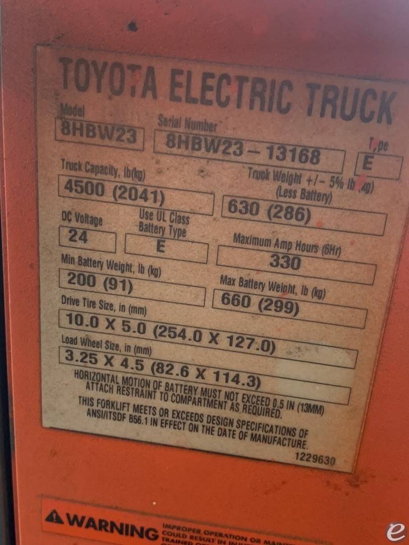 2017 Toyota 8HBW23 Electric Forklift - 123Forklift