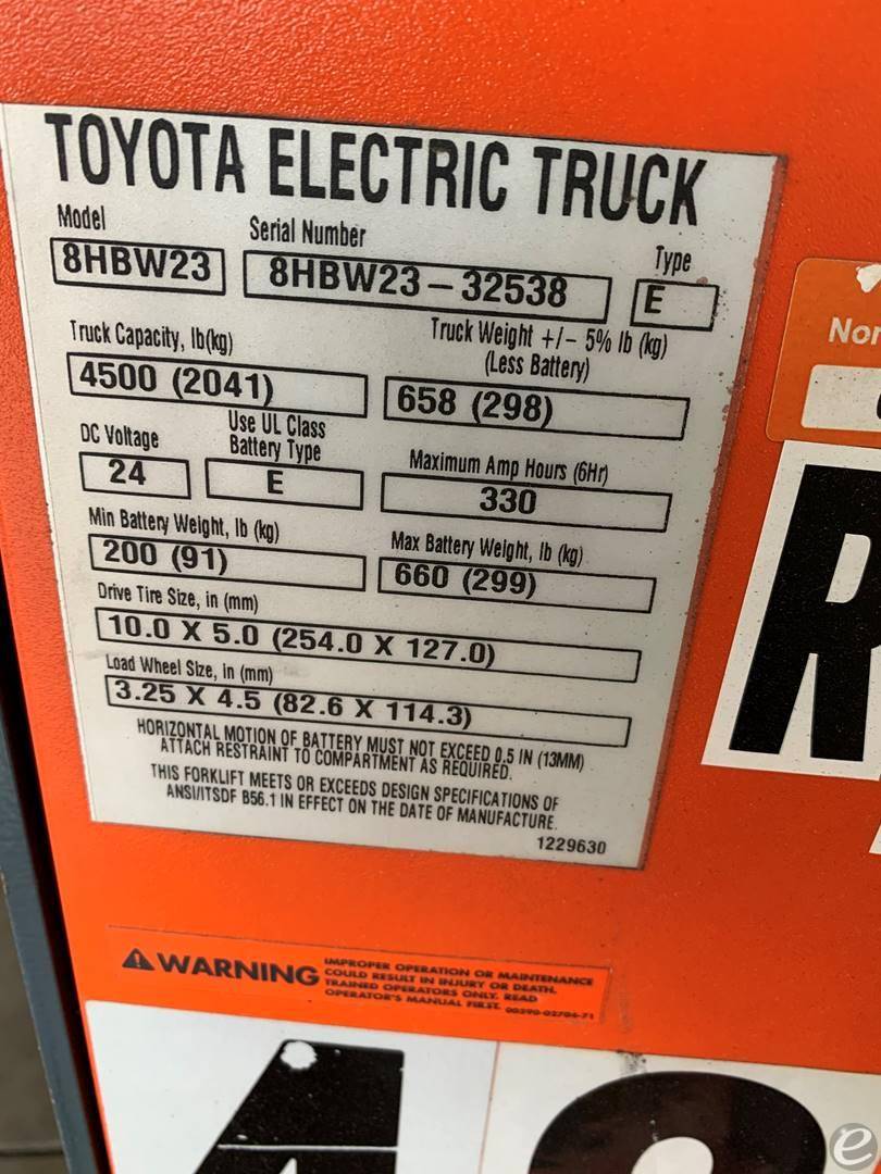 2018 Toyota 8HBW23 Electric Forklift - 123Forklift
