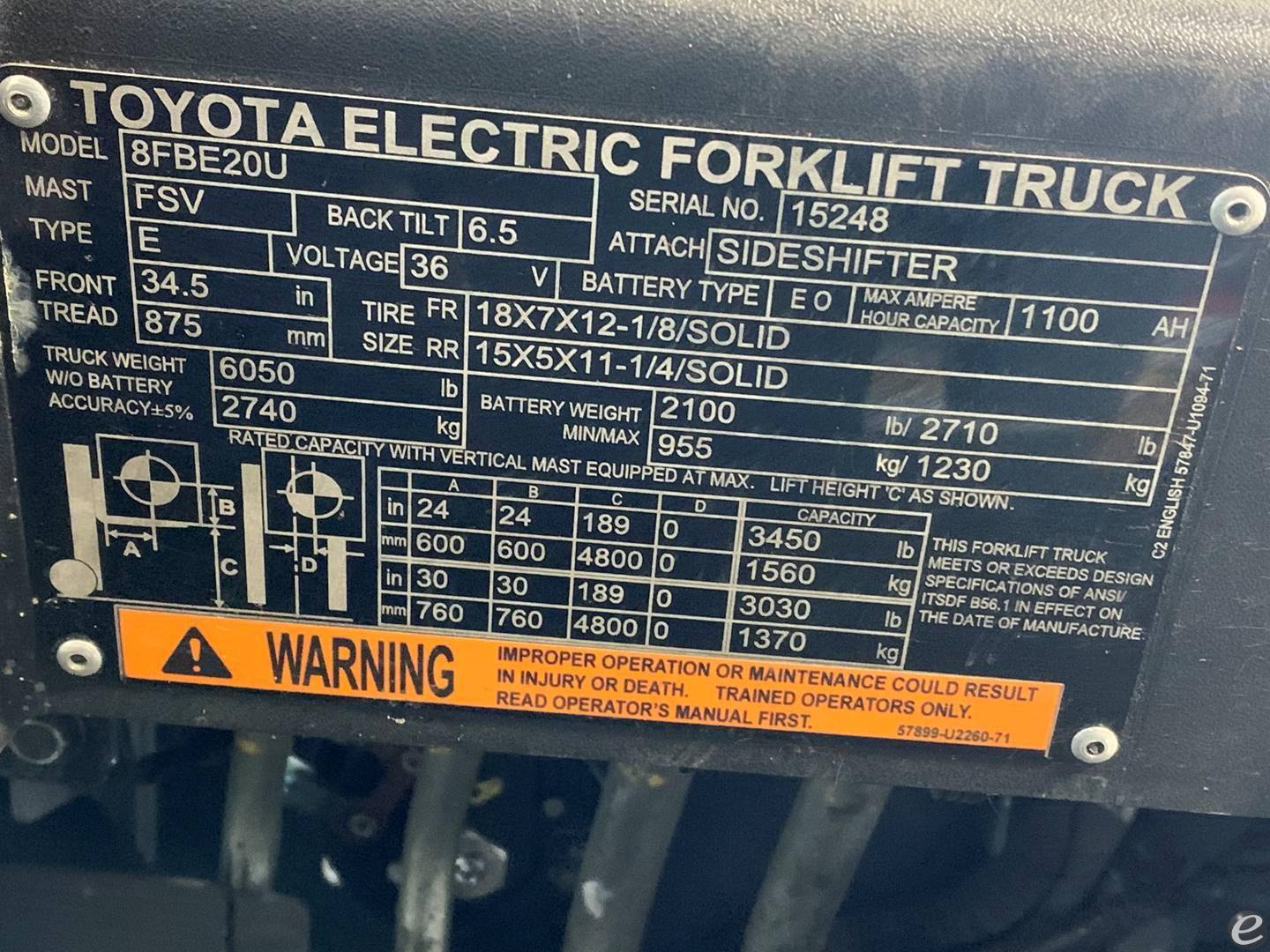 2018 Toyota 8FBE20U Electric Forklift - 123Forklift
