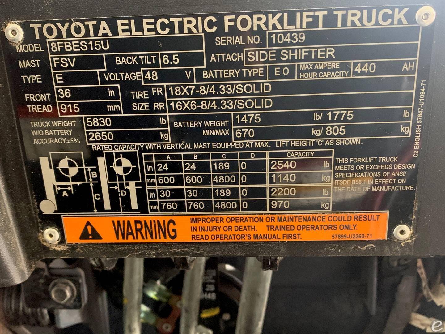 2018 Toyota 8FBES15U Electric Forklift - 123Forklift