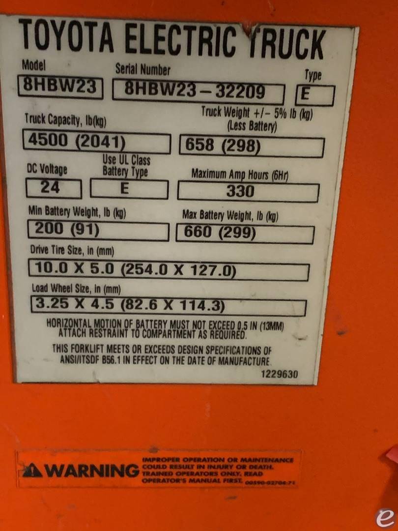 2018 Toyota 8HBW23 Electric Forklift - 123Forklift