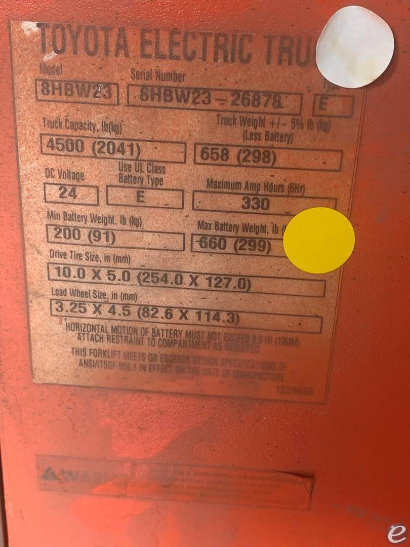 2018 Toyota 8HBW23 Electric Forklift - 123Forklift