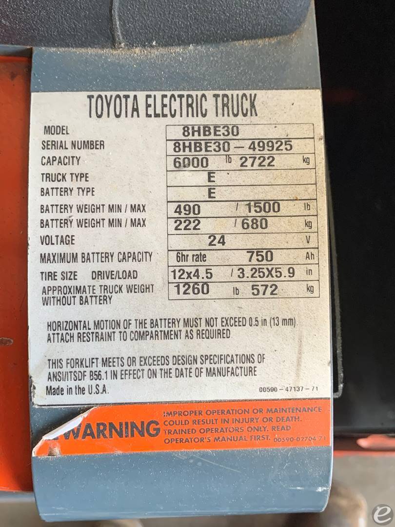 2019 Toyota 8HBE30 Electric Forklift - 123Forklift