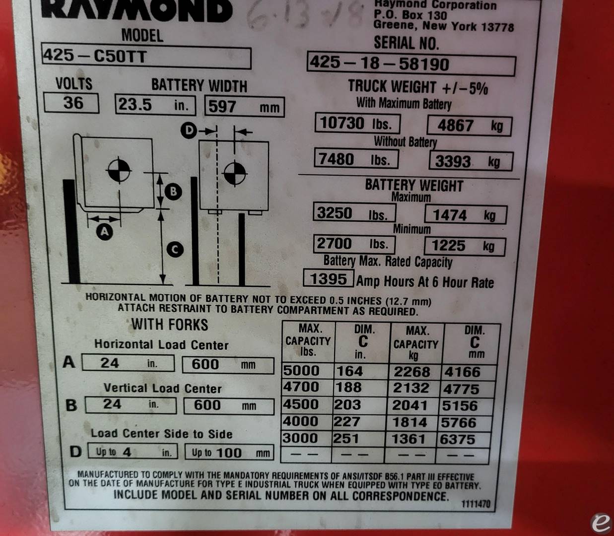 2018 Raymond 425-C50TT Electric For...