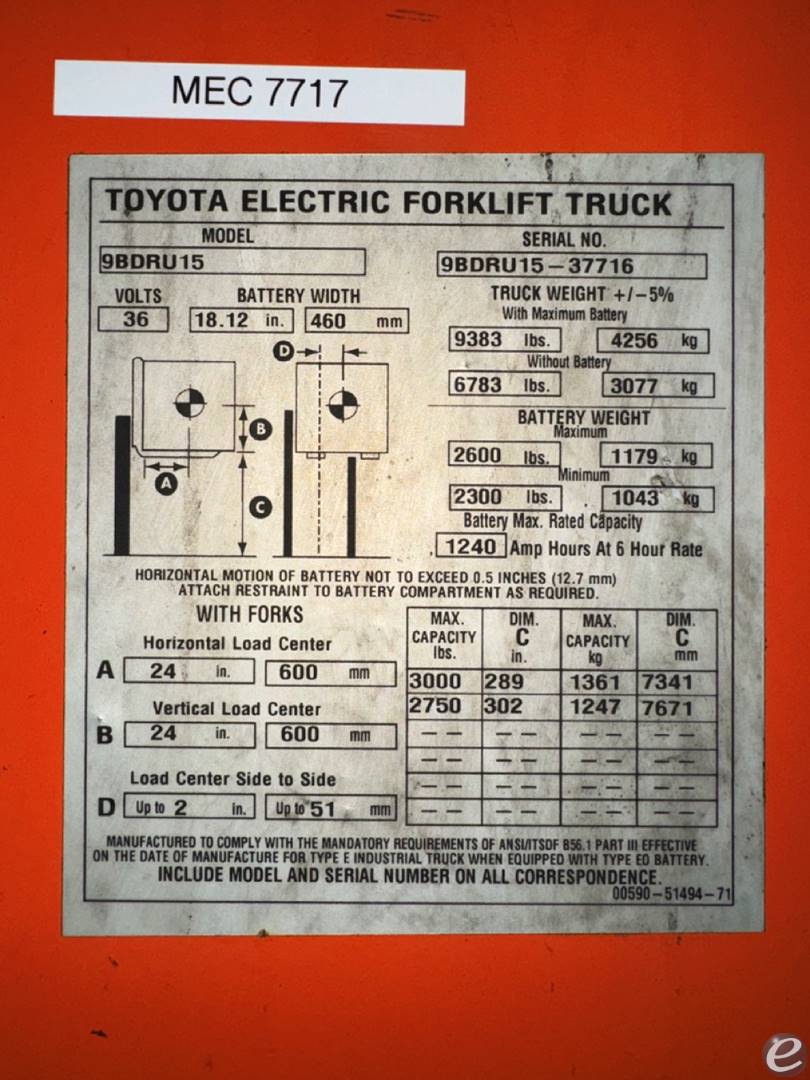 2017 Toyota 9BDRU15 Electric Reach ...