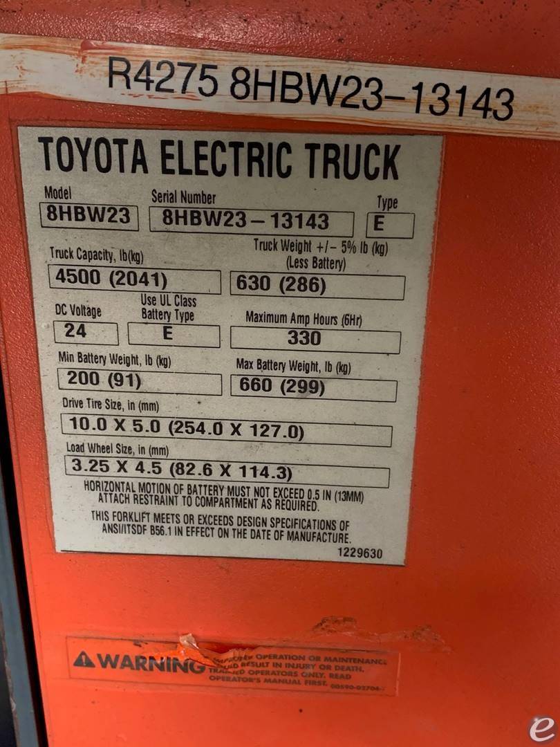 2016 Toyota 8HBW23 Electric Forklift - 123Forklift