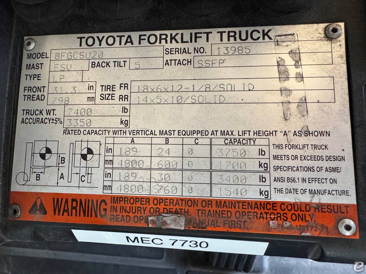 2008 Toyota 8FGCSU20 LP Gas Forklif...