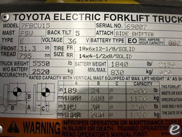 2017 Toyota 7FBCU15 Electric Forklift - 123Forklift