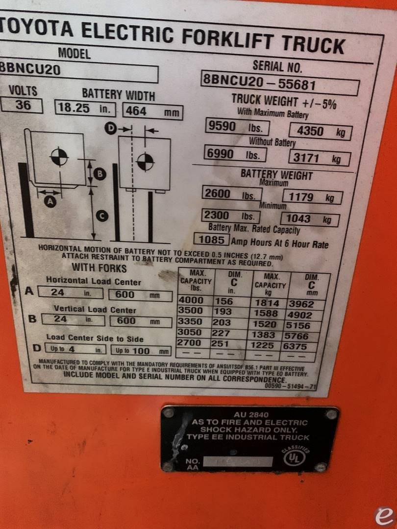 2015 Toyota 8BNCU20 Electric Forklift - 123Forklift