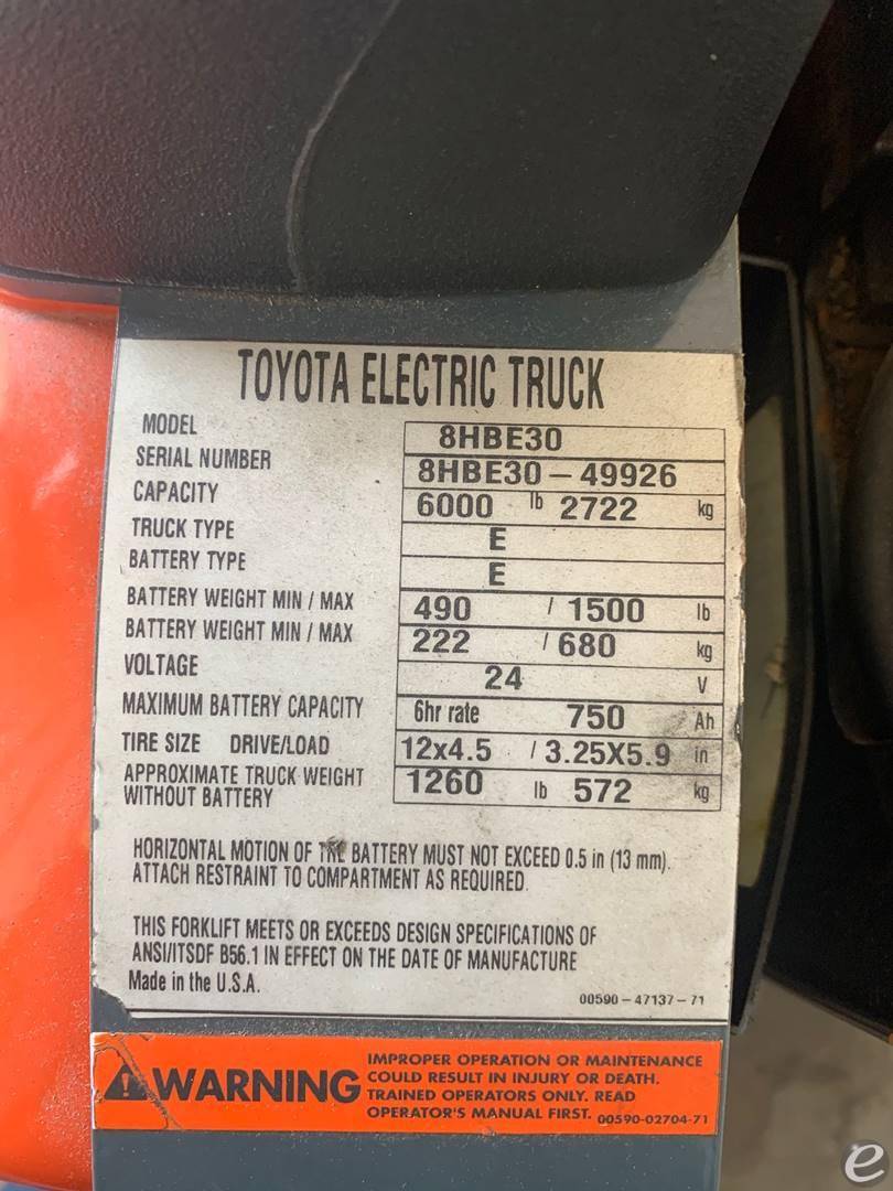 2019 Toyota 8HBE30 Electric Forklift - 123Forklift