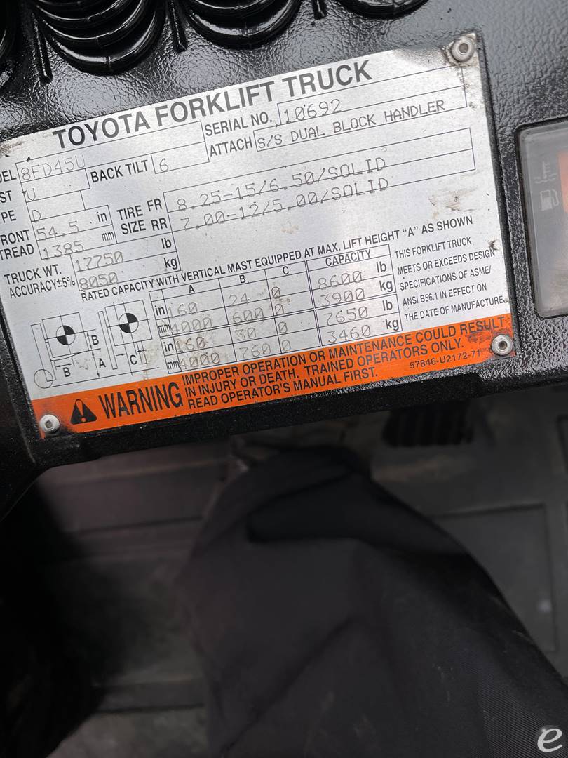 2015 Toyota 8FD45U Pneumatic Tire Forklift - 123Forklift