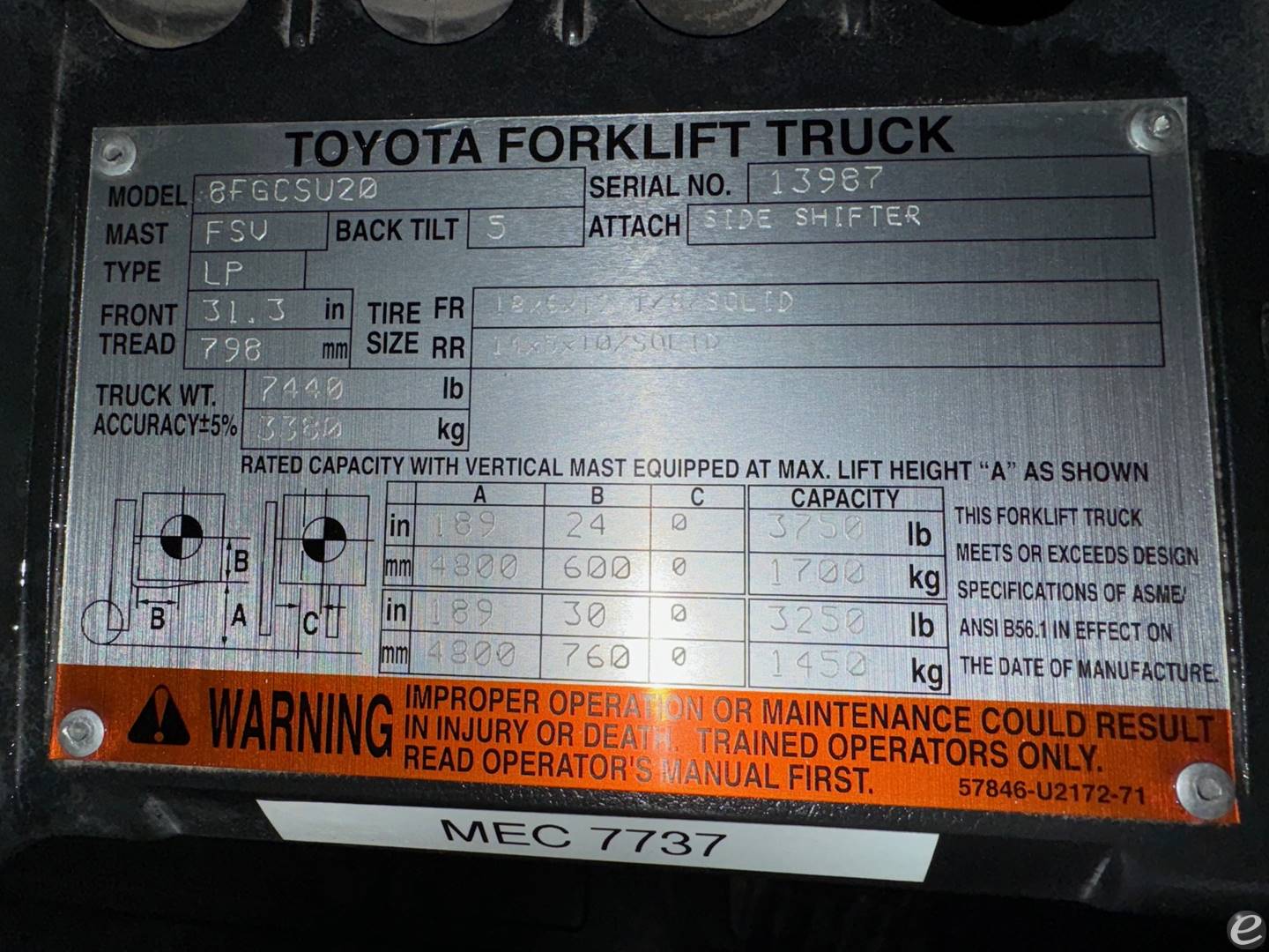 2008 Toyota 8FGCSU20 LP Gas Forklif...