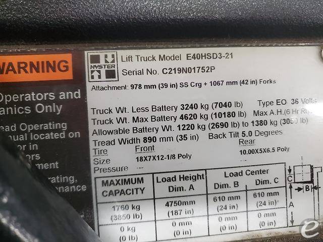 2016 Hyster E40HSD3 Electric Forklift - 123Forklift