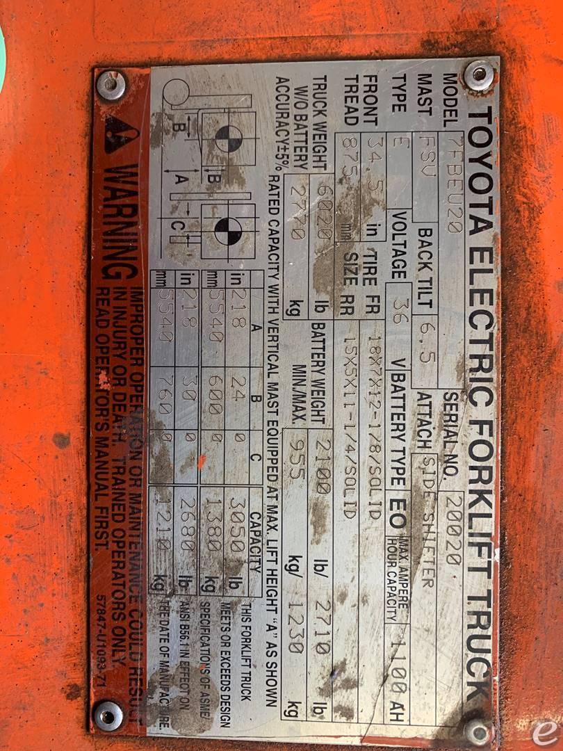 2011 Toyota 7FBEU20 Electric Forklift - 123Forklift
