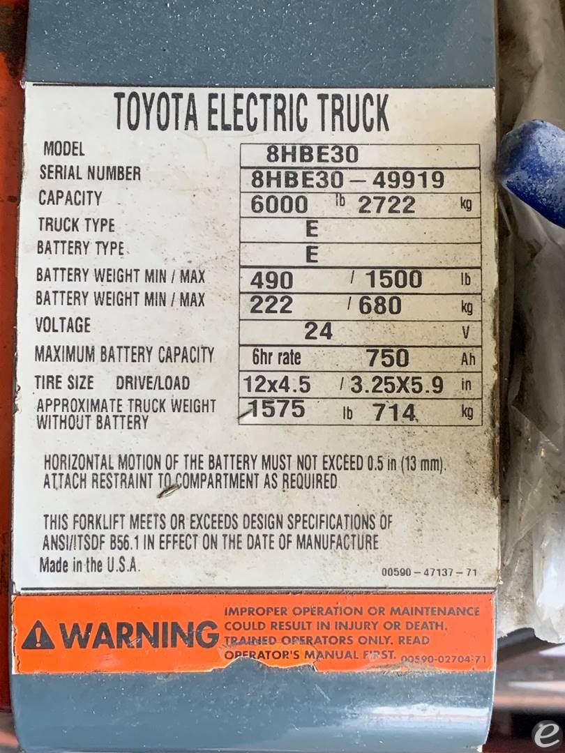 2019 Toyota 8HBE30 Electric Forklift - 123Forklift