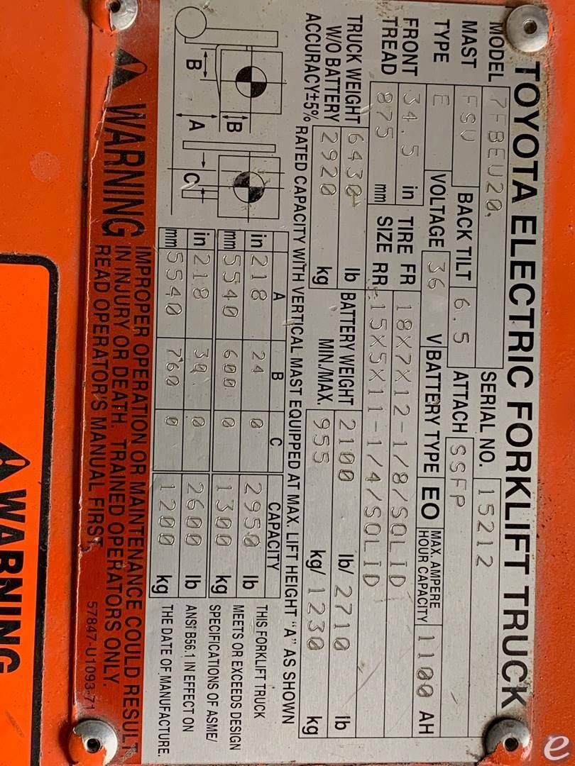 2007 Toyota 7FBEU20 Electric Forklift - 123Forklift