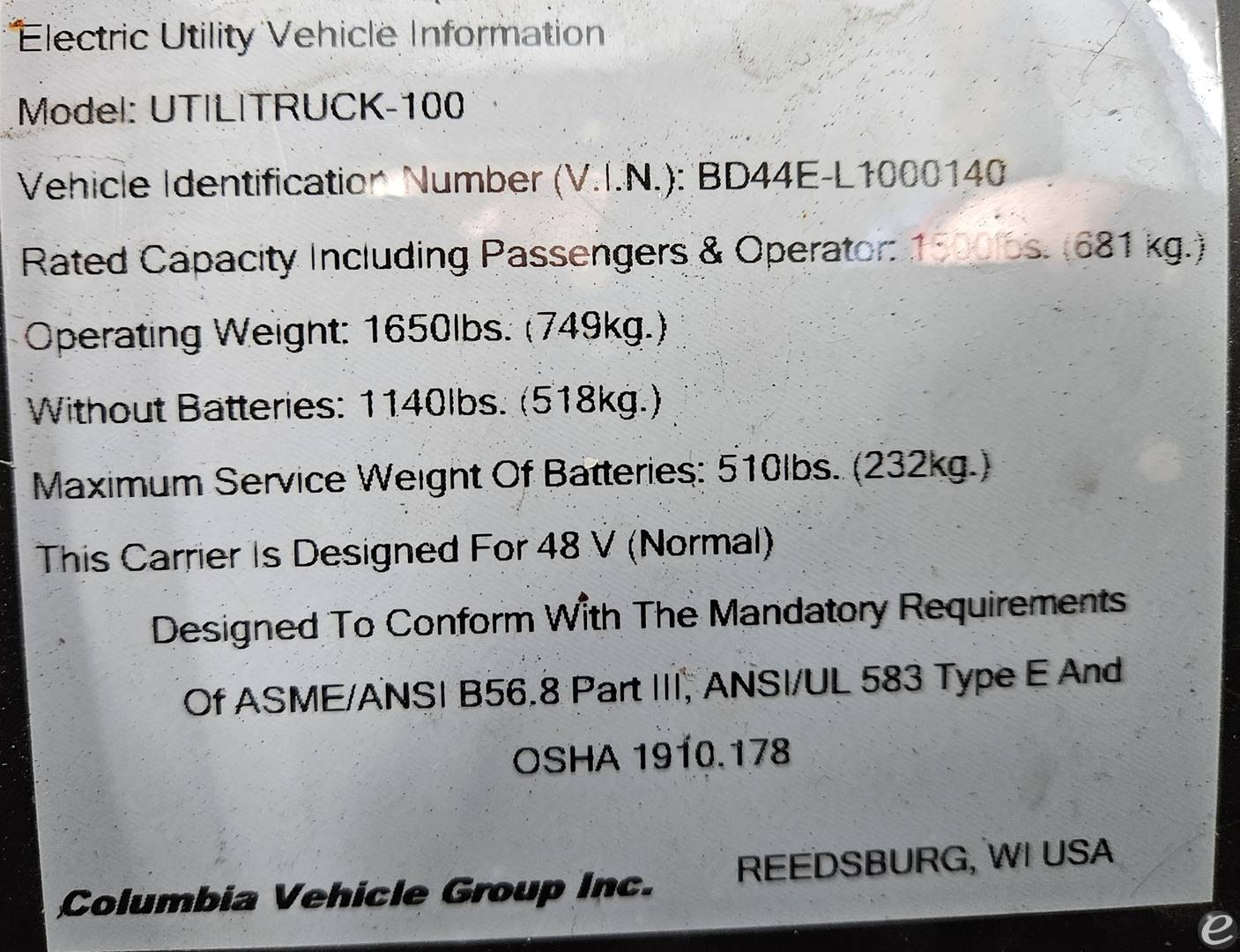 2019 Columbia ParCar UTILITRUCK-100