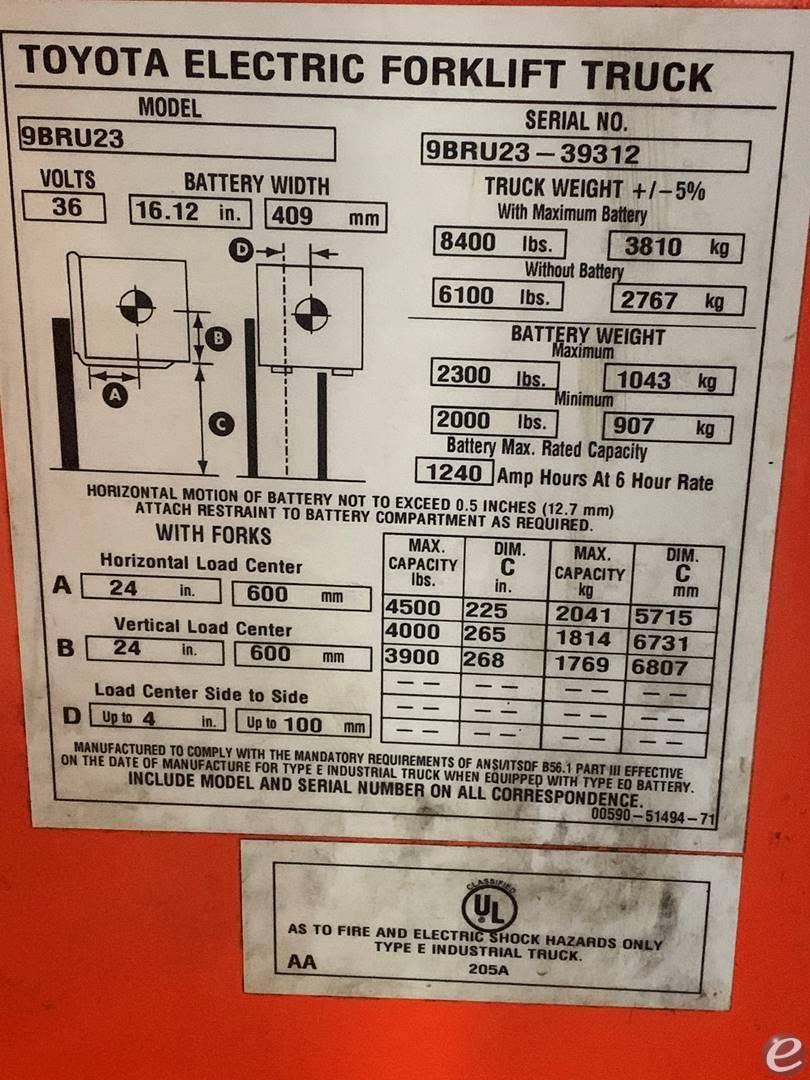 2019 Toyota 9BR233M268 Electric Forklift - 123Forklift