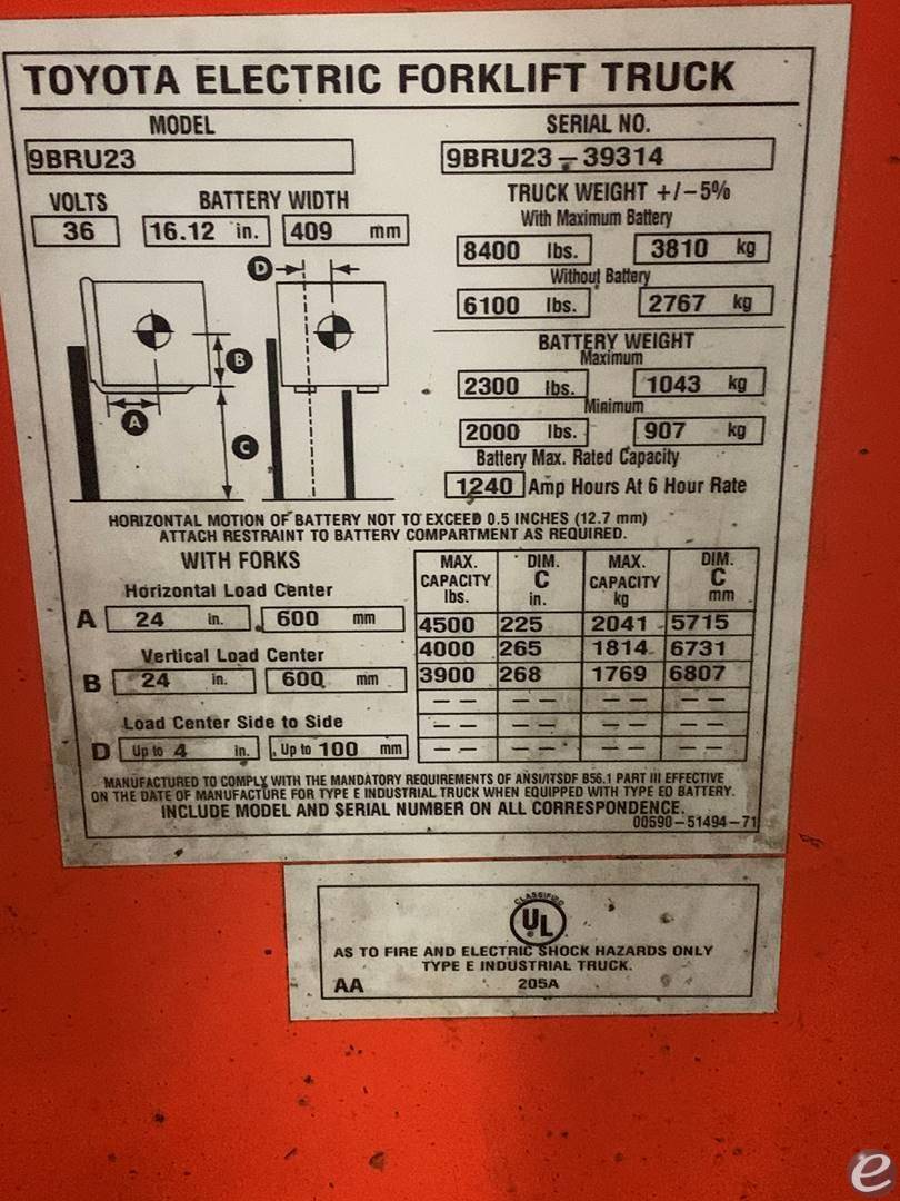 2019 Toyota 9BR233M268 Electric Forklift - 123Forklift