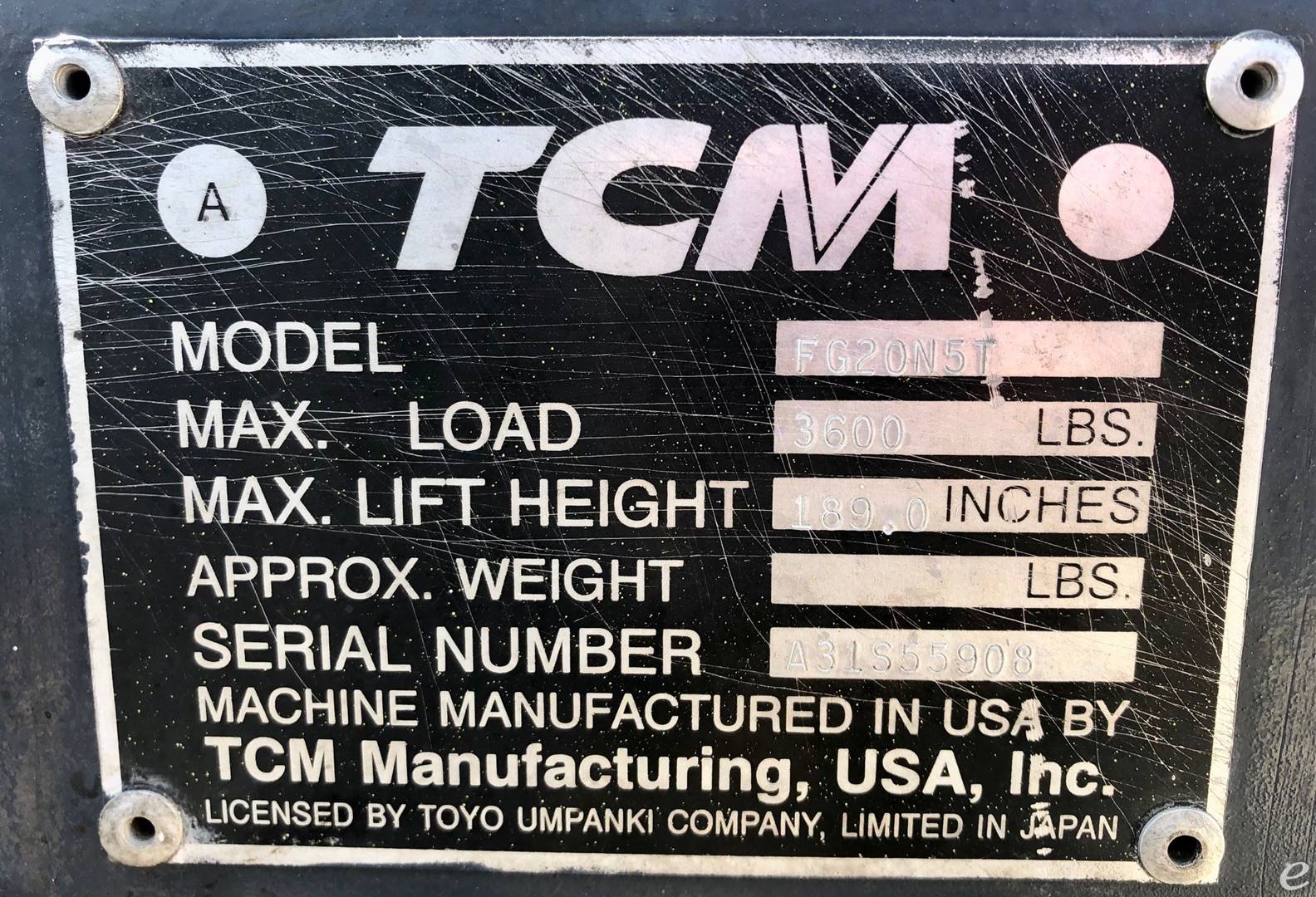 1998 TCM FG20N5T LP Gas Forklift