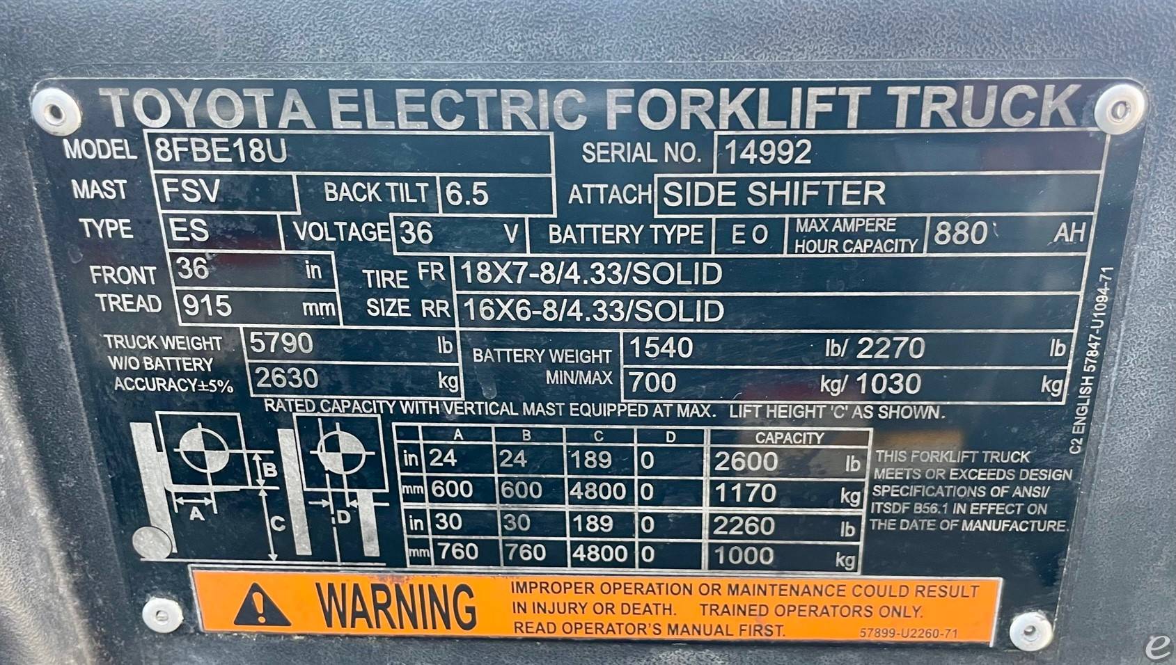 2018 Toyota 8FBE18U Electric Forklift - 123Forklift