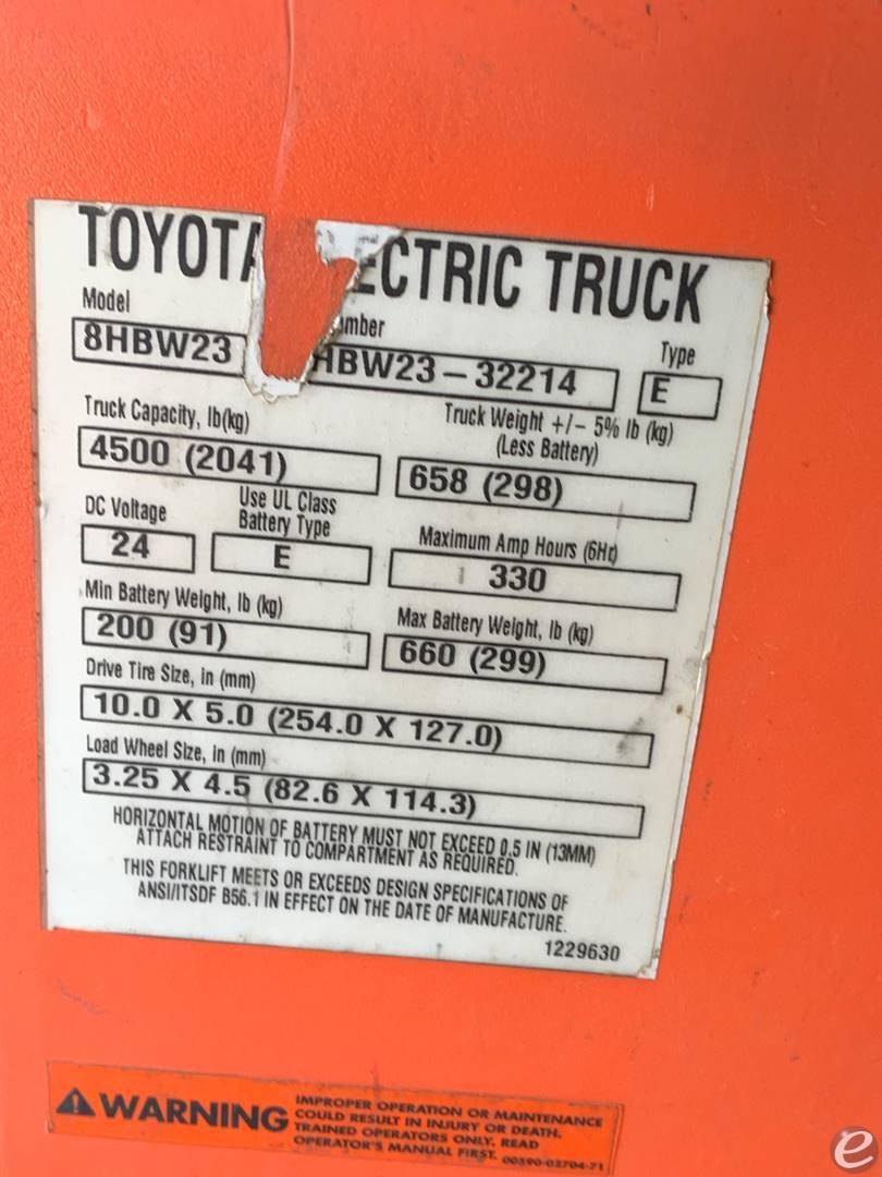2018 Toyota 8HBW23 Electric Forklift - 123Forklift