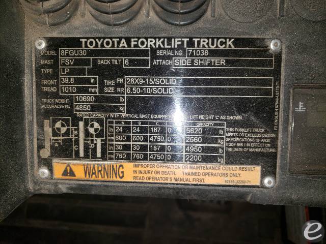 2017 Toyota 8FGU30 Pneumatic Tire Forklift - 123Forklift