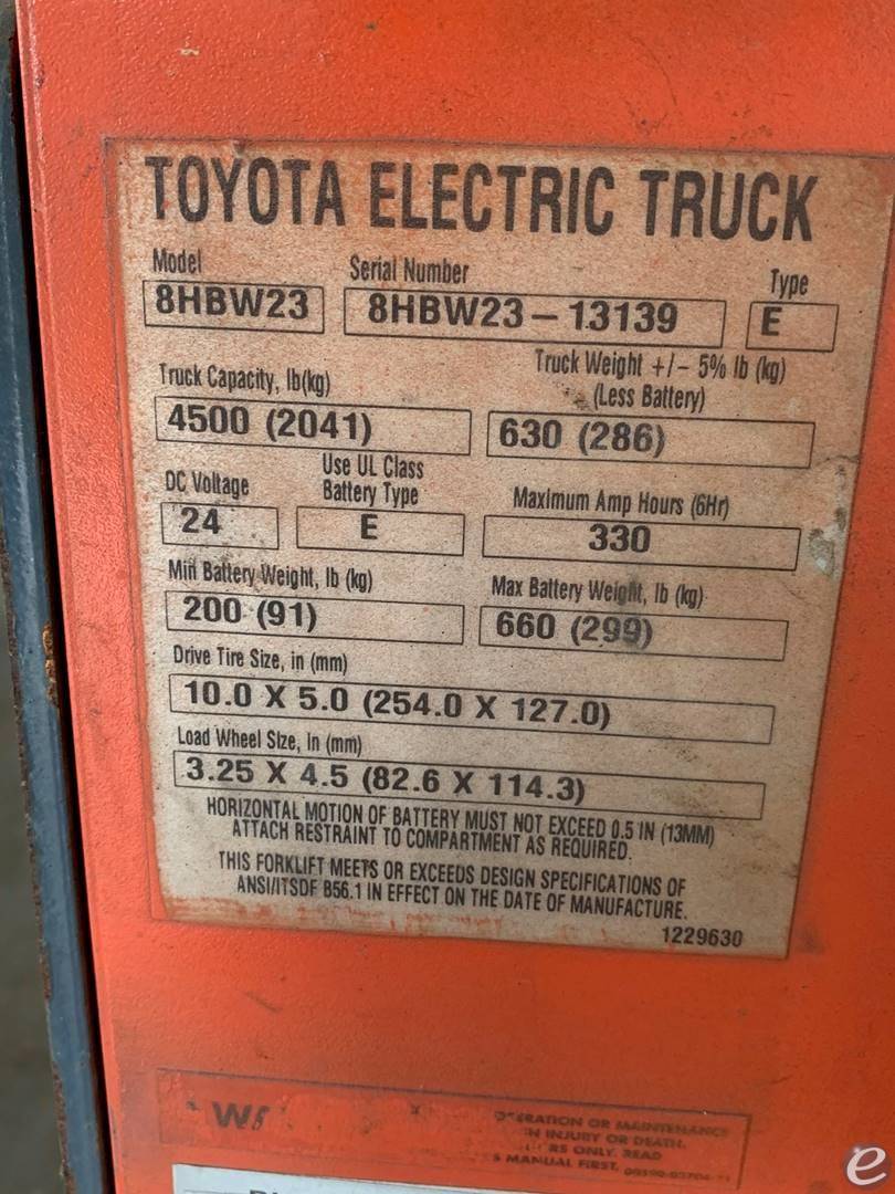 2016 Toyota 8HBW23 Electric Forklift - 123Forklift