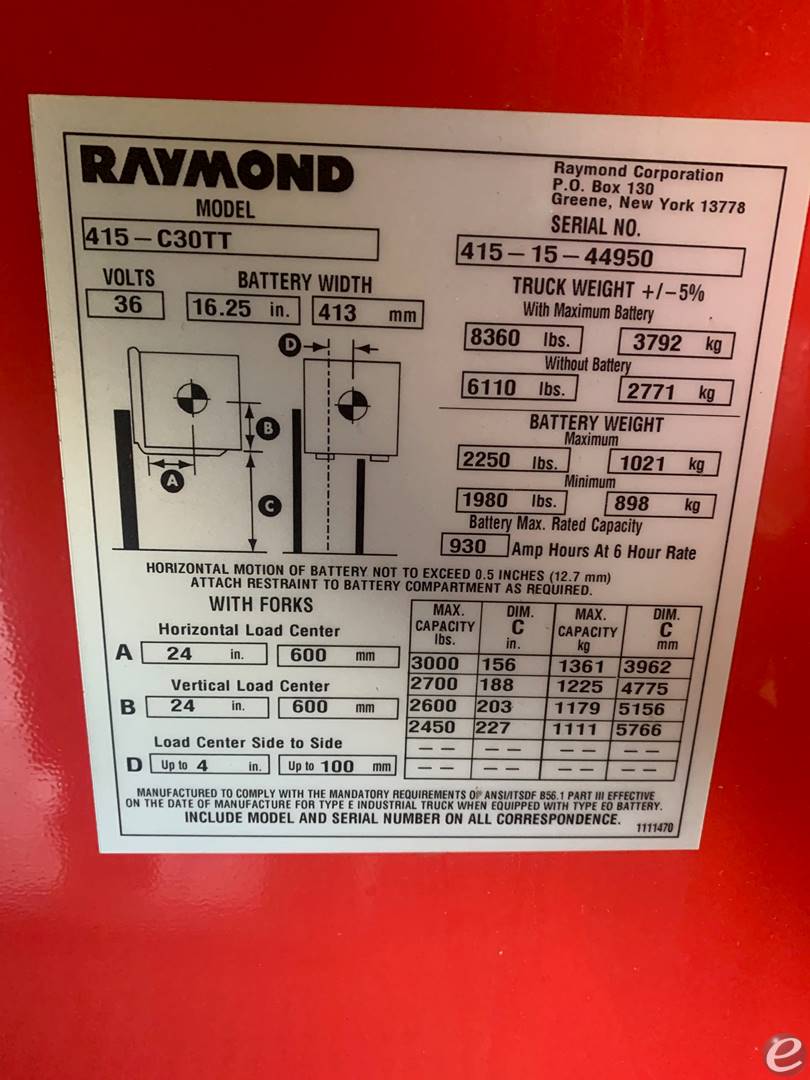 2015 Raymond 415-C30TT Electric For...