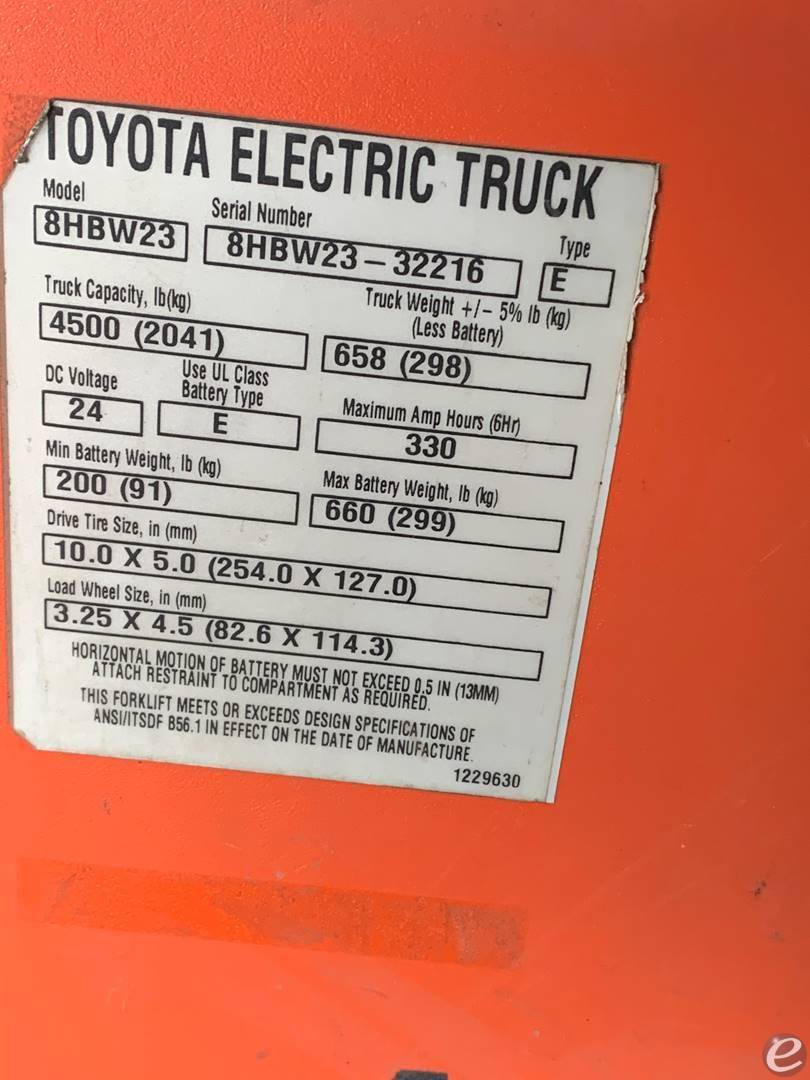 2018 Toyota 8HBW23 Electric Forklift - 123Forklift