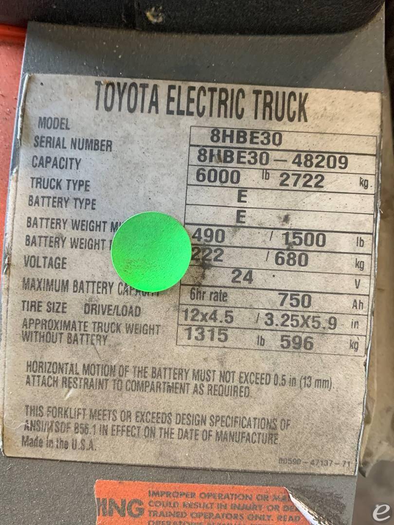 2017 Toyota 8HBE30 Electric Forklift - 123Forklift