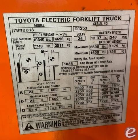 2013 Toyota 7BNCU18 Electric Forkli...