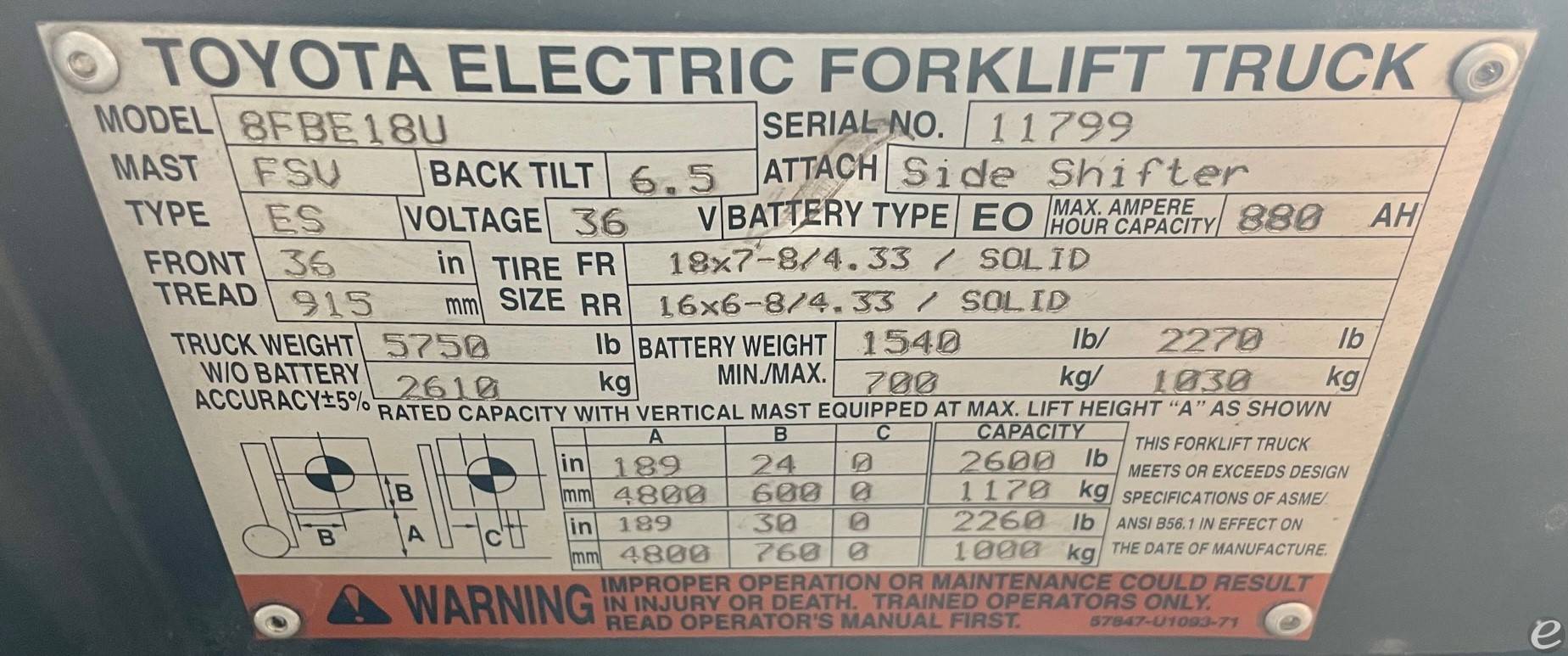 2016 Toyota 8FBE18U Electric Forklift - 123Forklift