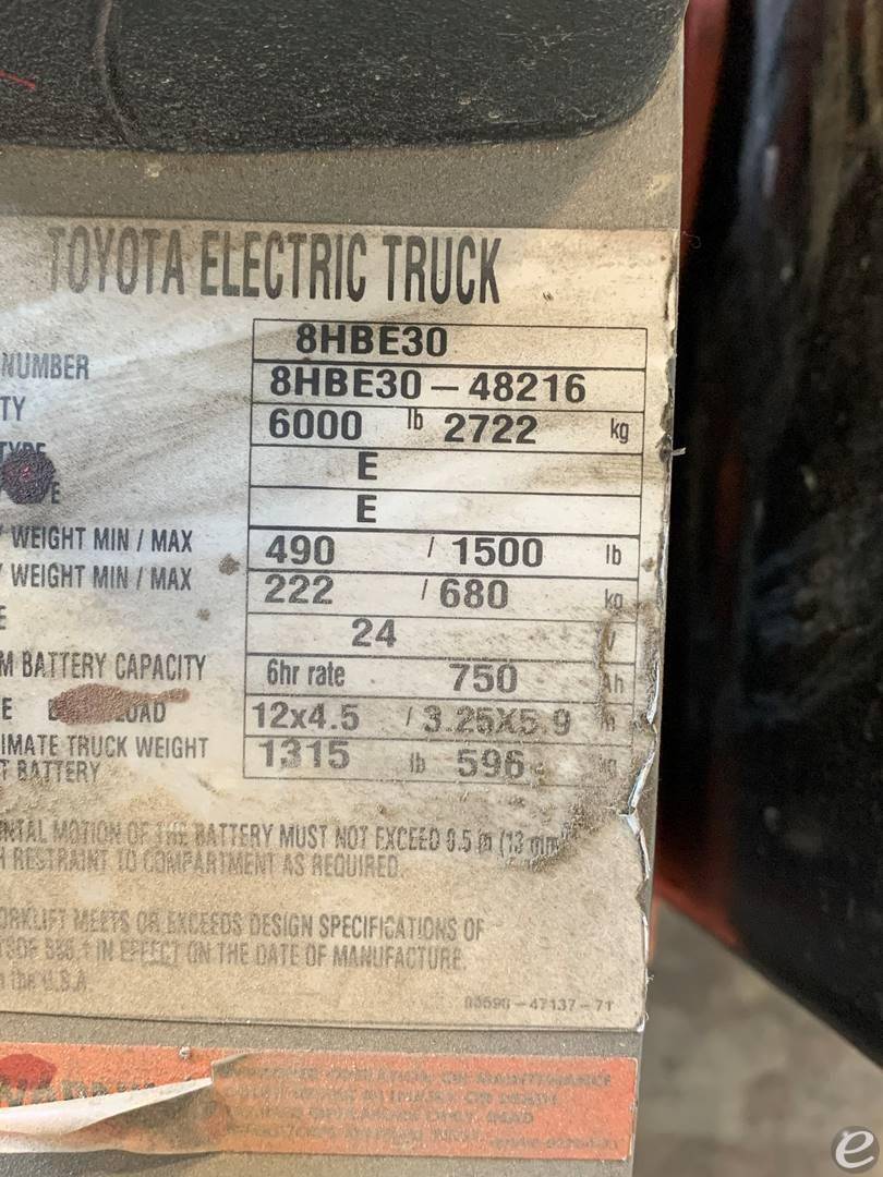 2017 Toyota 8HBE30 Electric Forklift - 123Forklift