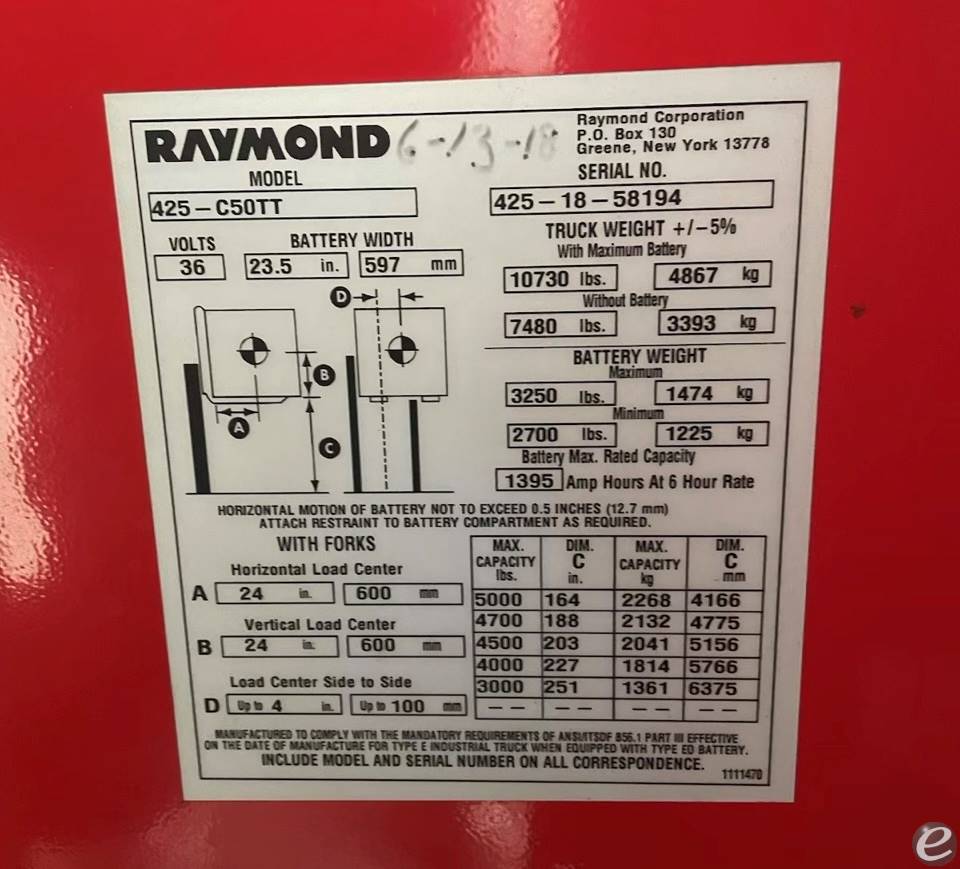 2018 Raymond 425-C50TT Electric Forklift - 123Forklift