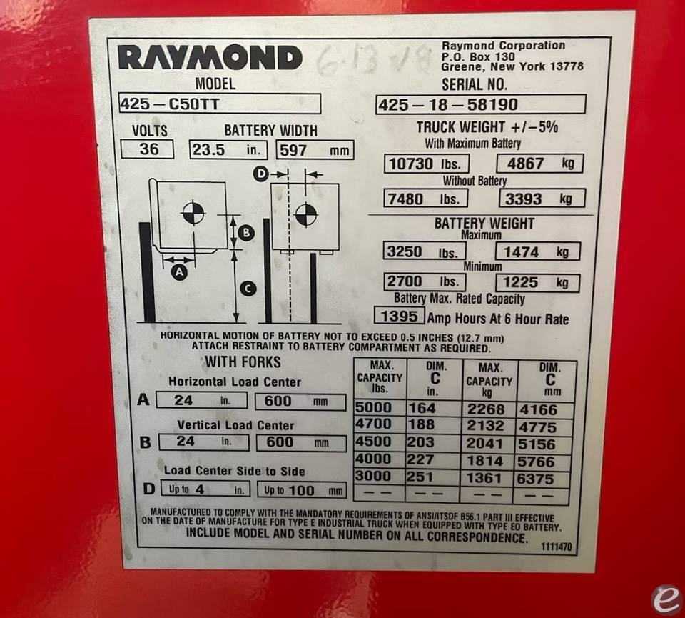 2018 Raymond 425-C50TT Electric Forklift - 123Forklift