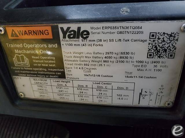 2018 Yale ERP035VT Electric Forklift - 123Forklift