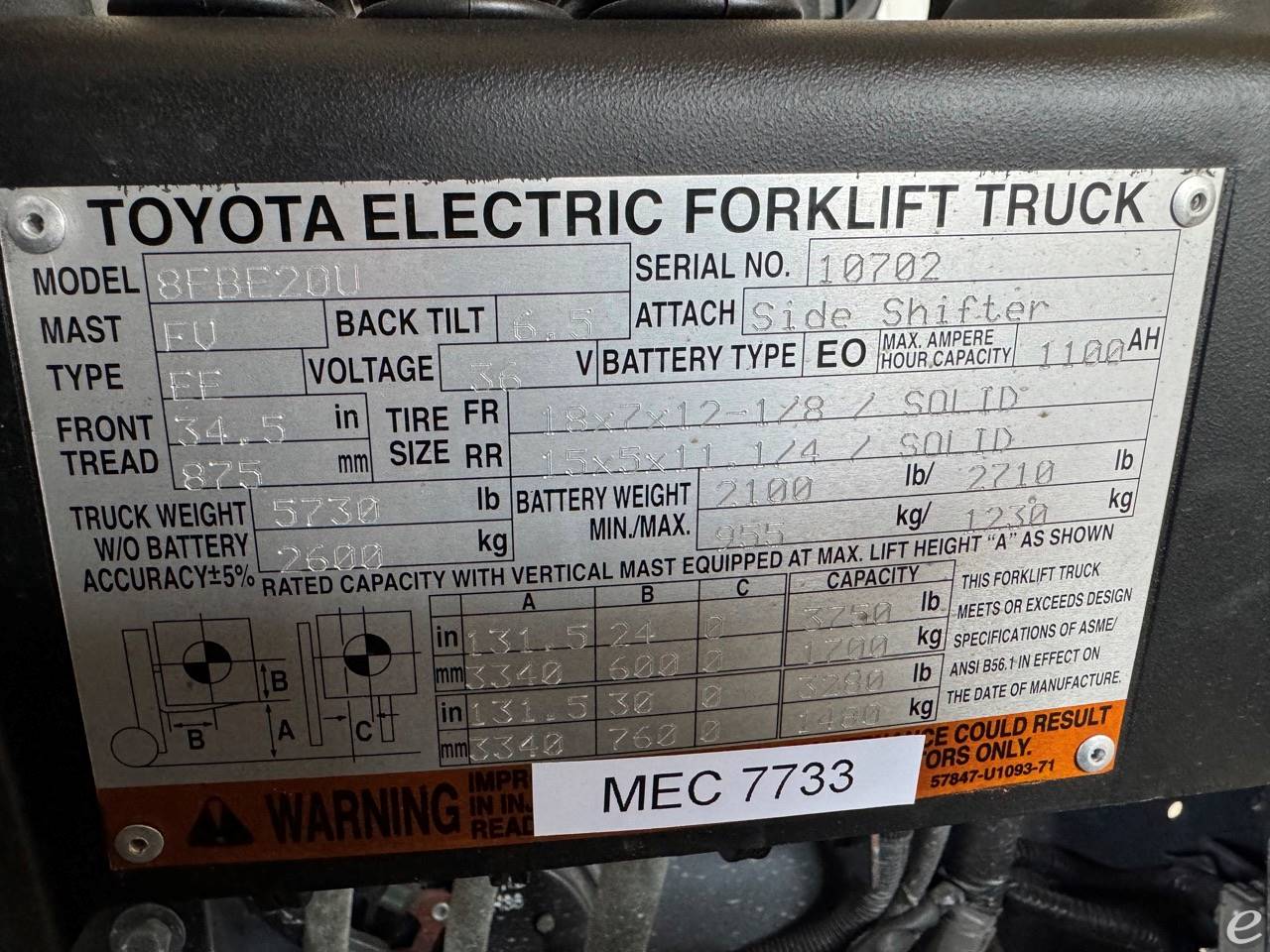 2016 Toyota 8FBE20U Electric Forkli...