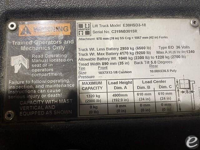 2017 Hyster E30HSD3 Electric Forklift - 123Forklift