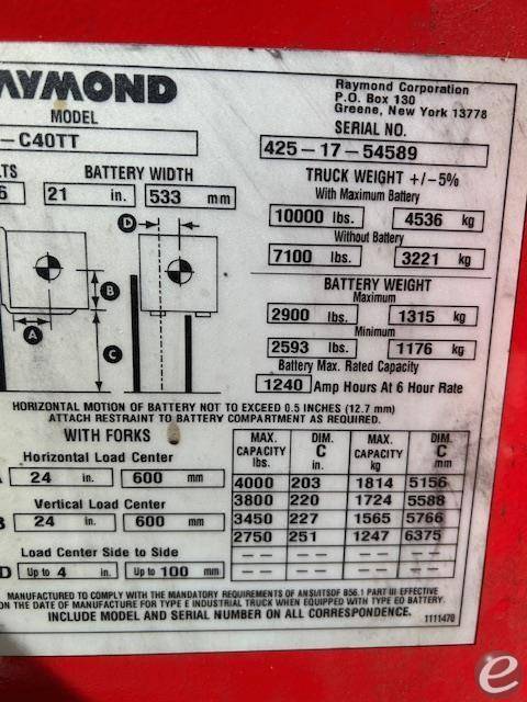 2017 Raymond 425C40TT Electric Forklift - 123Forklift