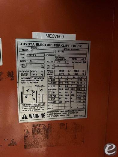 2012 Toyota 7BNCU20 Electric Forkli...