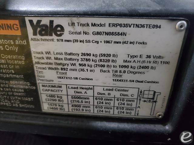 2015 Yale ERP035VT Electric Forklift - 123Forklift