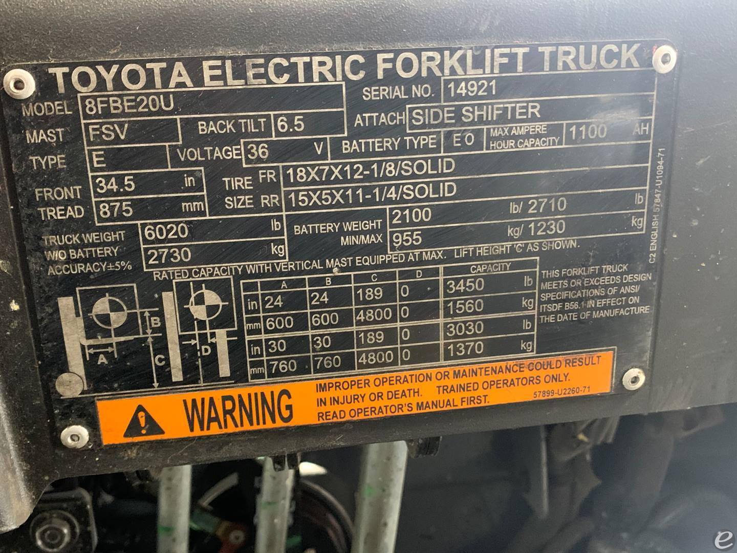 2018 Toyota 8FBE20U Electric Forklift - 123Forklift